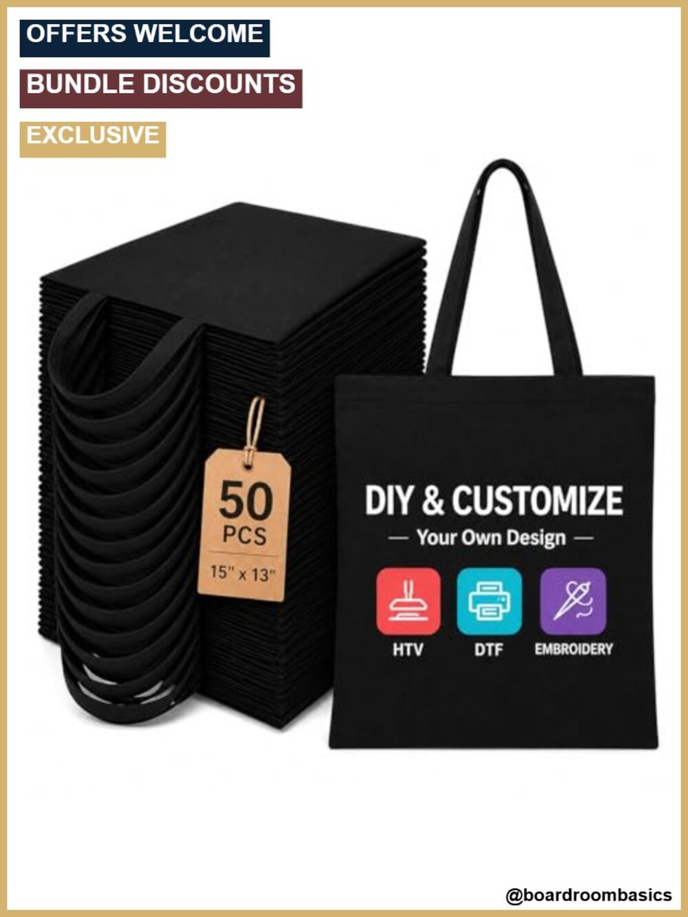 Bulk Blank Canvas Tote Bags 50 Pack, Long Handle DIY Craft Tote